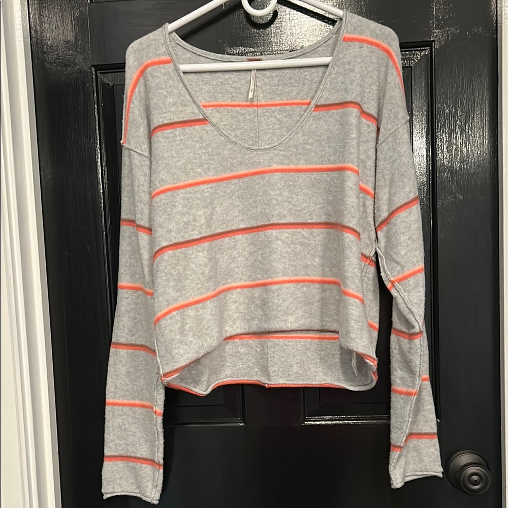Free People Make You Mine Grey Striped Cropped Sweater Medium